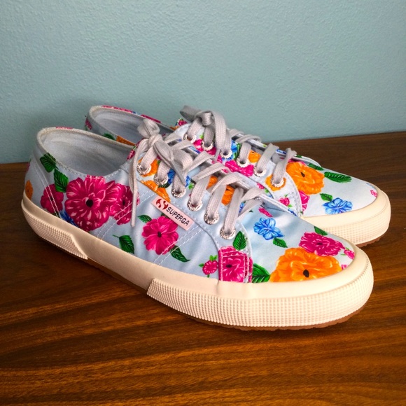 Superga Shoes - NEW Superga Floral Satin Sneakers Light Blue Shoes Loafers Silk size 8.5